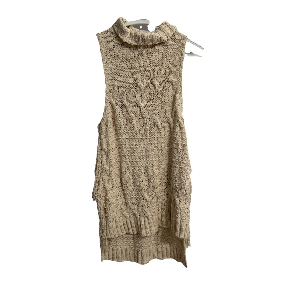 FREE PEOPLE Small Ivory Cotton Blend Cowl Neck Hi-Low Fringe Sweater Vest Boho
